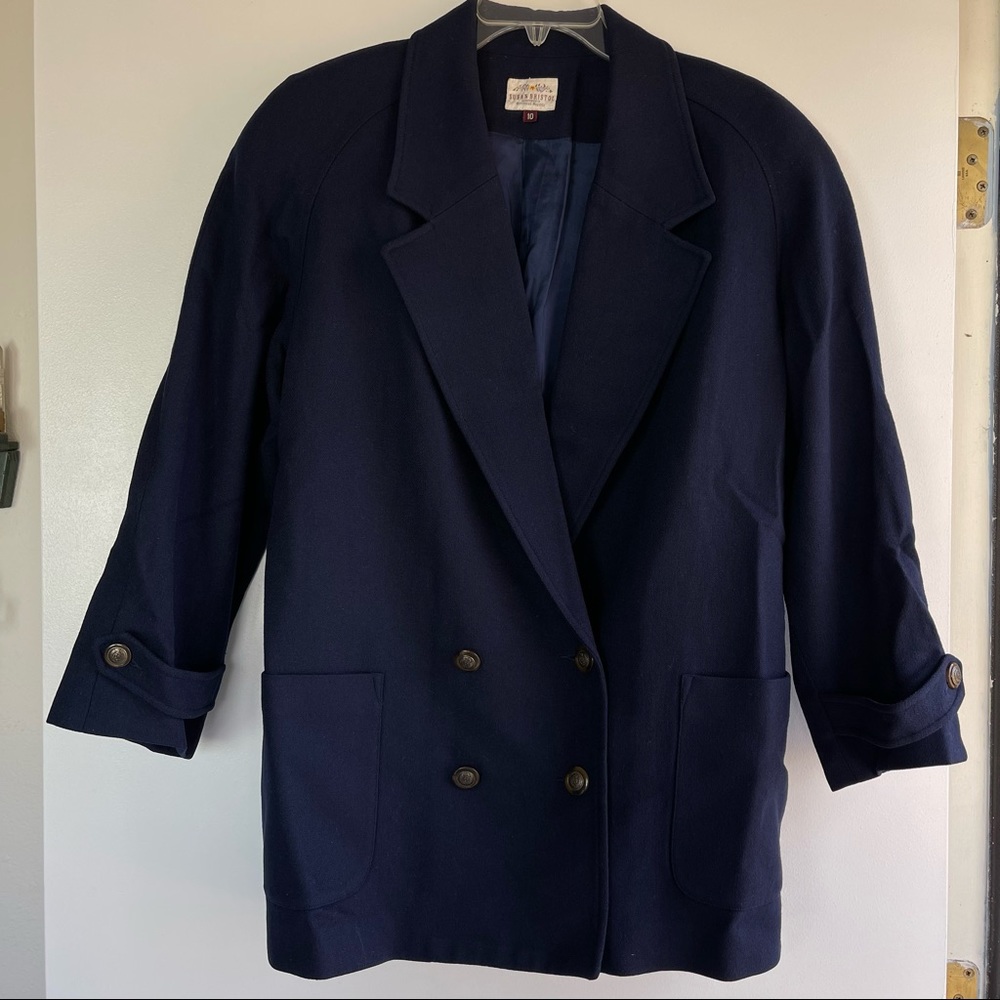 Susan Bristol Vintage Y2K Navy Blue Button Up Merino Wool Blazer Jacket Sz 10